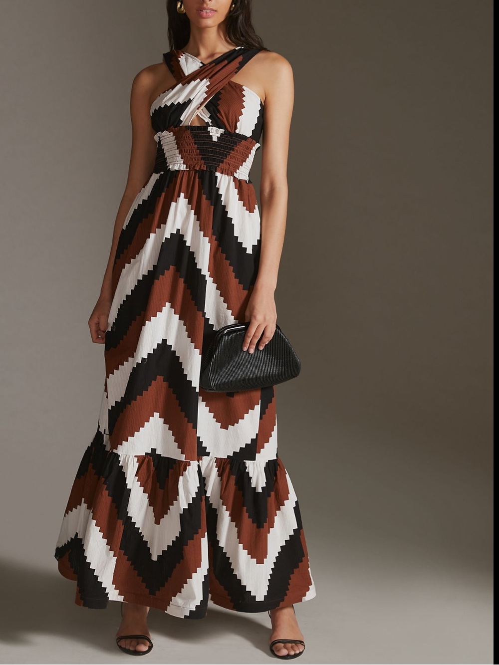 Anthropologie Brown Black and Cream Chevron Maxi Dress